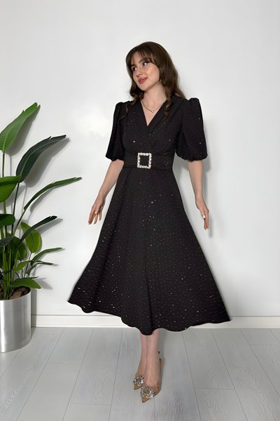 Kahverengi Işıltılı Midi Kruvaze Yaka Toka Detaylı Elbise