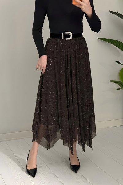 Kahverengi Midi Asimetrik Kesim Taşlı Tül Etek