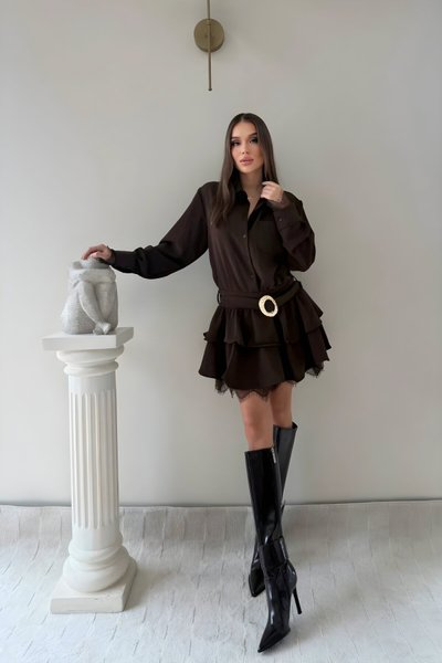 Kahverengi Mini Gömlek Beli Kemerli Dantel Elbise