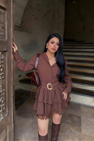 Mini Belted Shirt Dress with Lace Detail - Brown