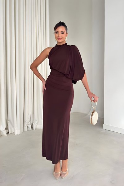 Long Flowy One-Shoulder Draped Evening Dress - Brown