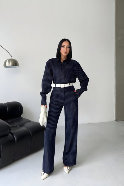 Lacivert Çizgili Gömlek Ve Pantolon İkili Takım