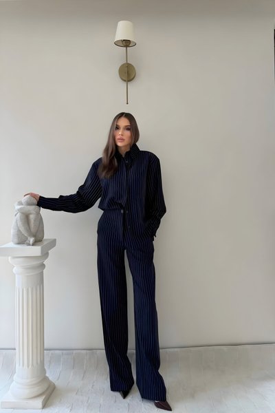 Lacivert Çizgili Oversize İkili Krep Takım