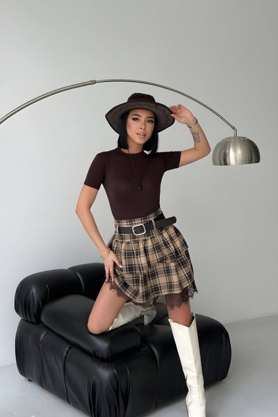 Sarı Ekose Mini Dantel Detaylı Etek