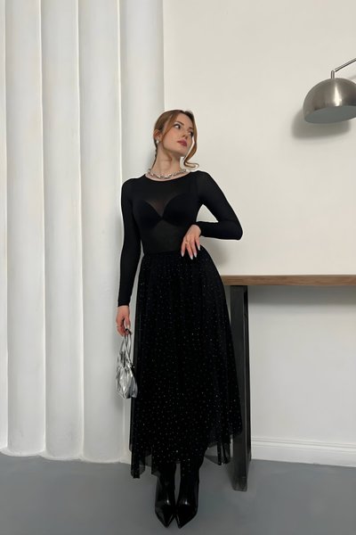 Siyah Asimetrik Midi Taş Detaylı Şifon Etek