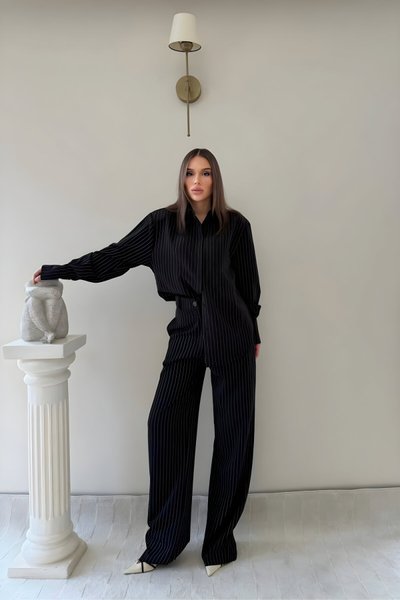 Siyah Çizgili Oversize Krep Takım
