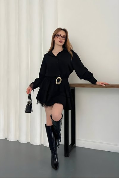 Siyah Dantelli Mini Gömlek Kemer Aksesuar Detaylı Şifon Elbise