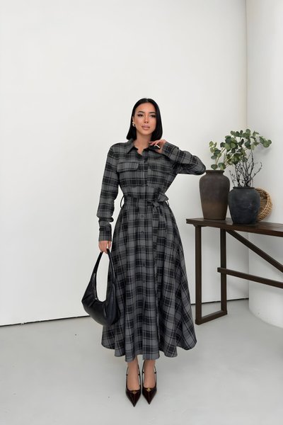 Siyah Ekose Desenli Uzun Kuşaklı Gömlek Elbise