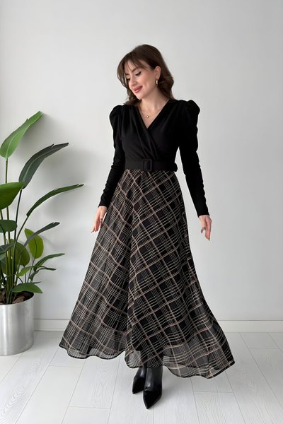 Siyah Ekose Uzun Kruvaze Yaka Kemerli Krep Elbise