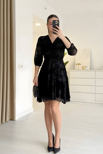 Mini Surplice Neck Flock Print Ruffled Dress - Black