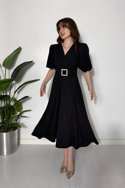 Siyah Işıltılı Midi Kruvaze Yaka Toka Detaylı Elbise