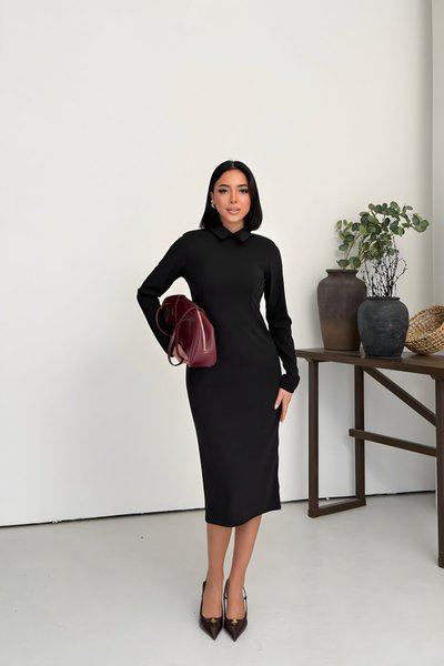 Siyah Midi Kalem Gömlek Yaka Elbise