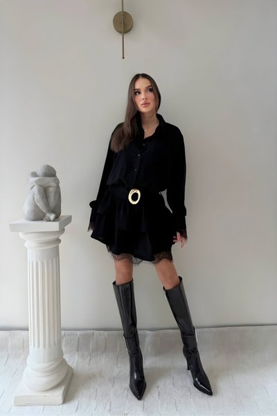 Siyah Mini Gömlek Kemerli Dantel Detaylı Elbise