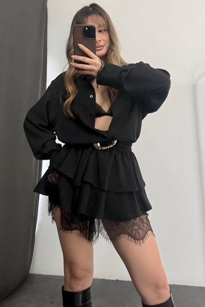 Mini Lace Belt-Detailed Dress - Black