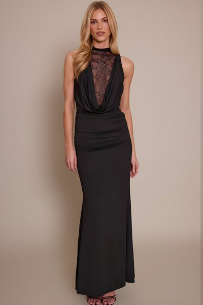 Long Cowl Neck Lace Guipure Evening Dress - Black