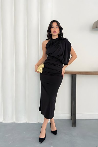 Siyah Uzun Drapeli Tek Omuzlu Abiye Elbise