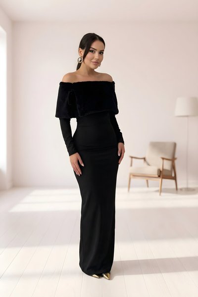 Siyah Uzun Madonna Yaka Suni Kürklü Abiye Elbise