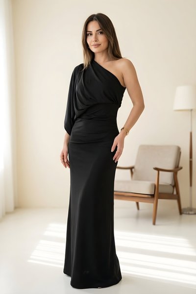 Siyah Uzun Tek Omuzlu Drapeli Sandy Kumaş Abiye Elbise
