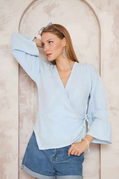 Bebe Mavi Salaş Kruvaze Bel Bağcıklı Müslin Bluz