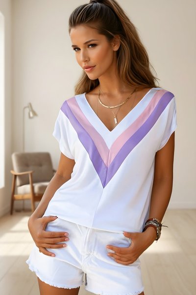 Beyaz V Yaka Kısa Kollu Terletmez Bluz