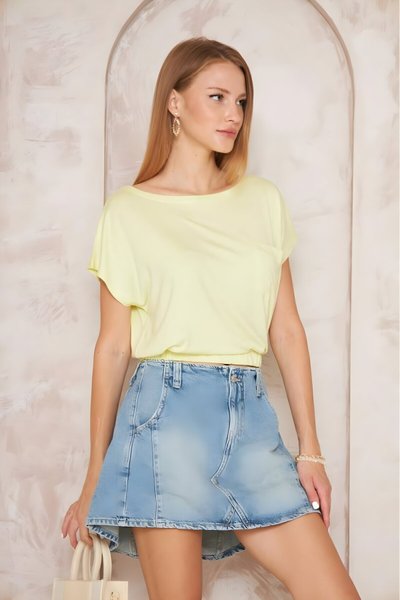 Sarı Kısa Kol Eteği Lastikli Cepli Crop Bluz