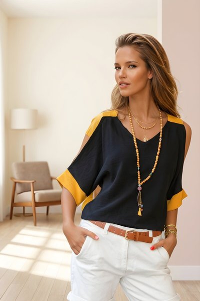 Siyah Salaş Omuz Dekolteli Keten Bluz