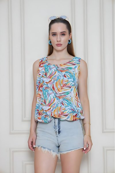 Turuncu Mavi Balon Beli Lastikli Şifon Bluz