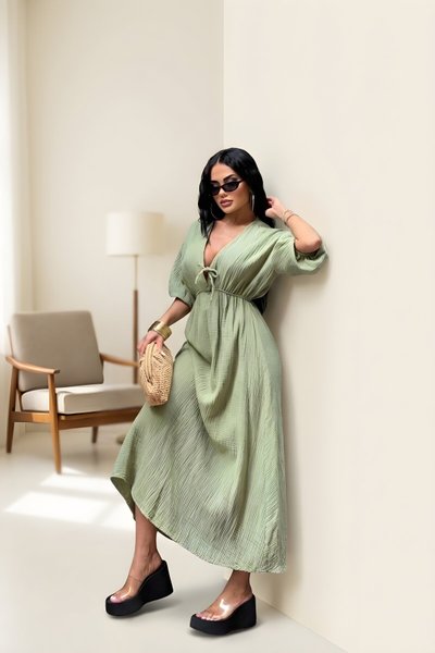 Haki Uzun V Yaka Müslin Keten Beli Büzgülü Elbise