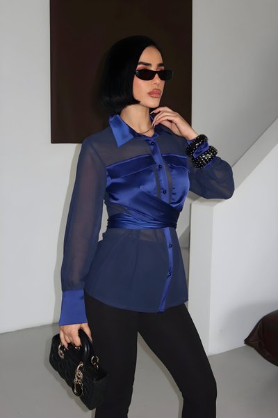 Lacivert Kuşaklı Göğüs Detaylı Tül Gömlek