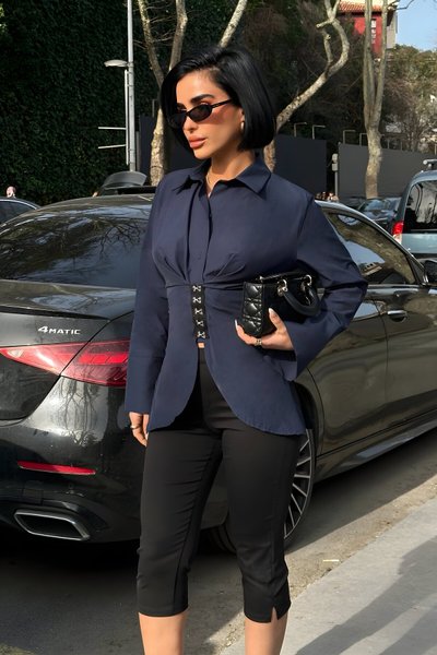 Designer Hook-Closure Back-Tie Shirt - Navy Blue