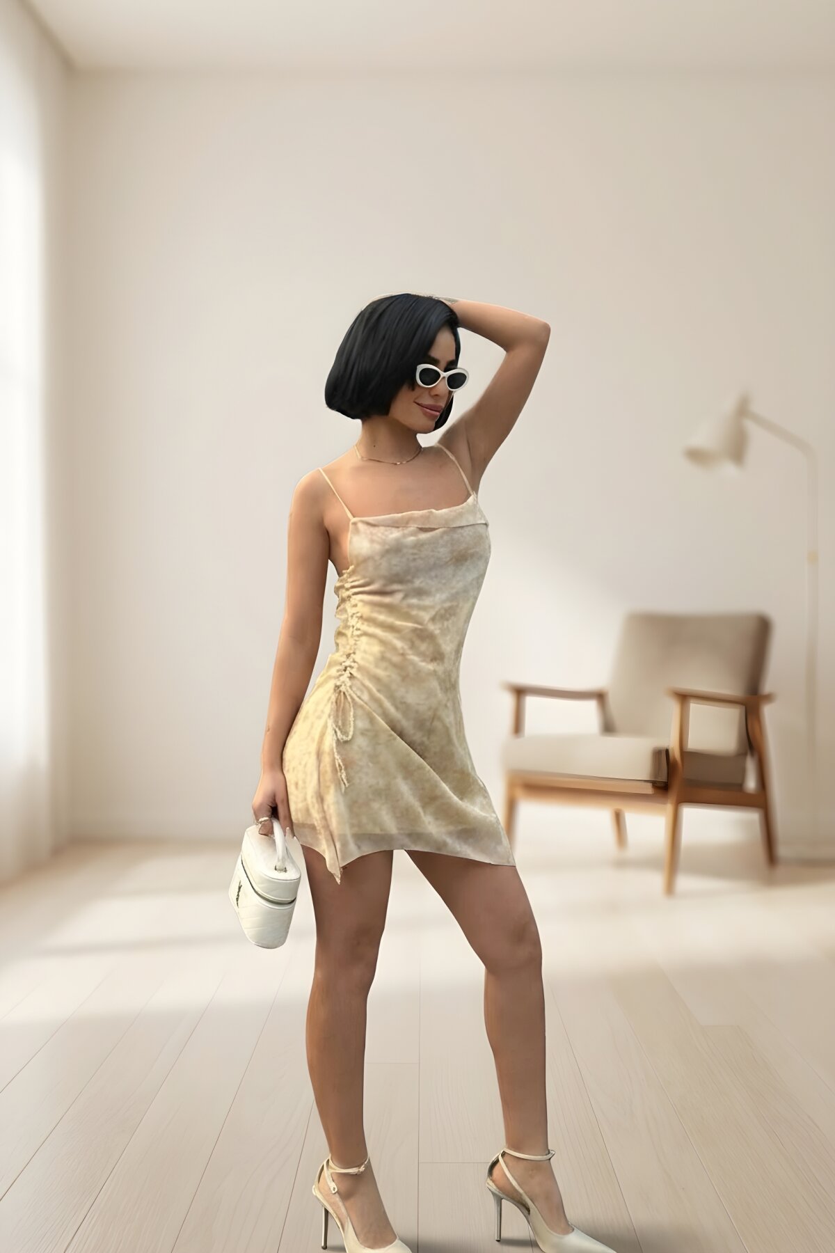 فستان ميني بيج منقوش شيفون بحمالات رفيعة - VİSKALİ