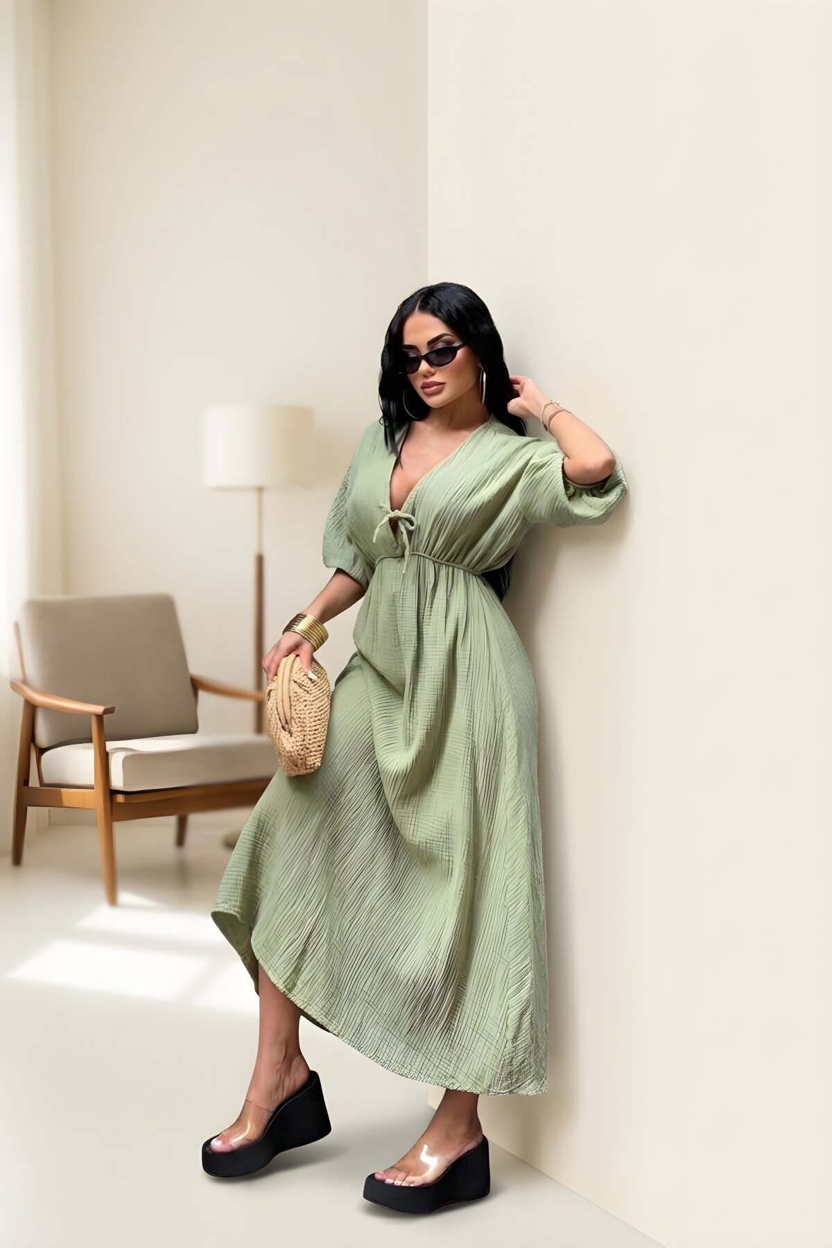 Haki Uzun V Yaka Müslin Keten Beli Büzgülü Elbise - VİSKALİ