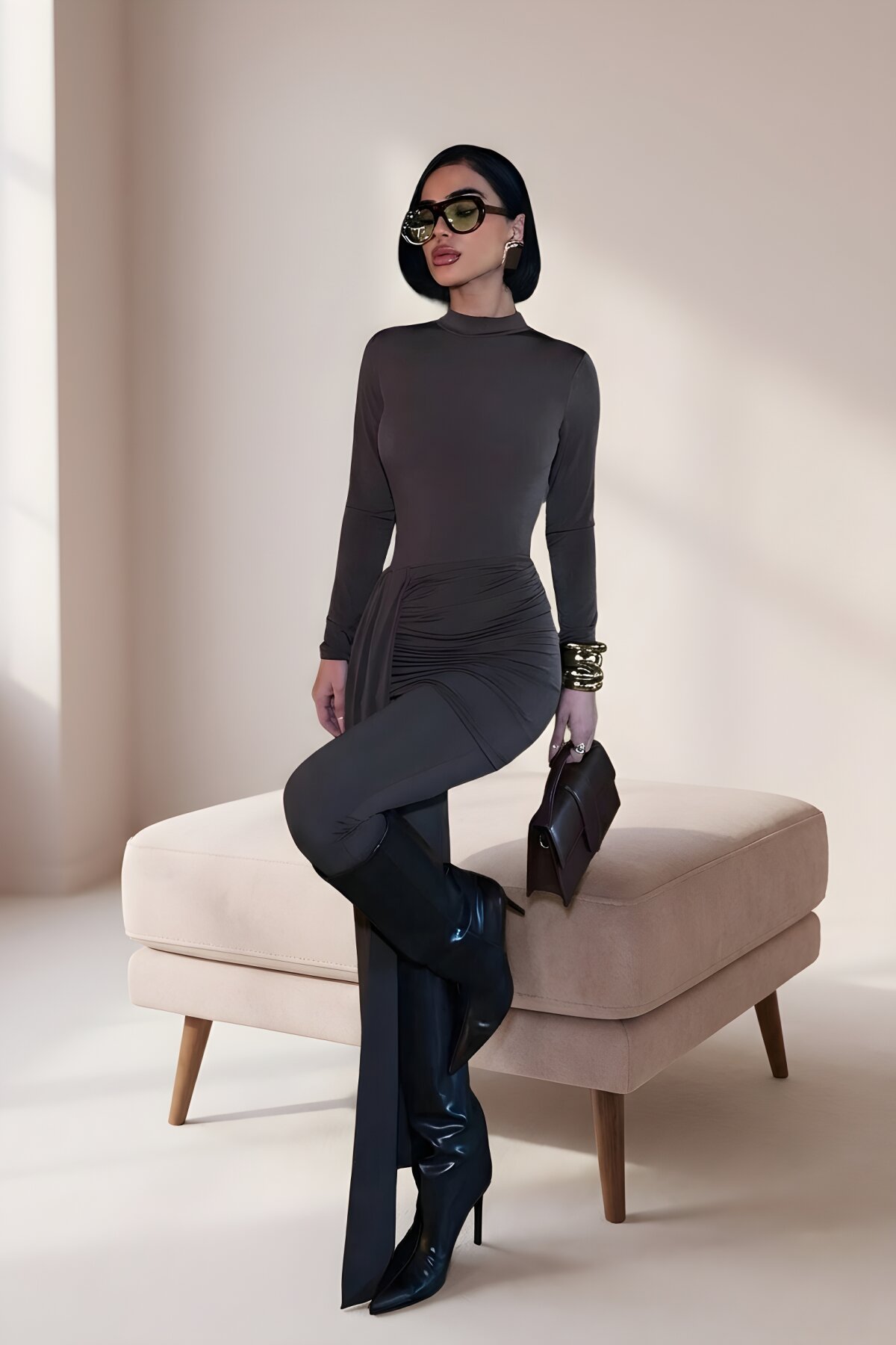 Kahverengi Etek Görünümlü Kuşak Detaylı Tulum - VİSKALİ