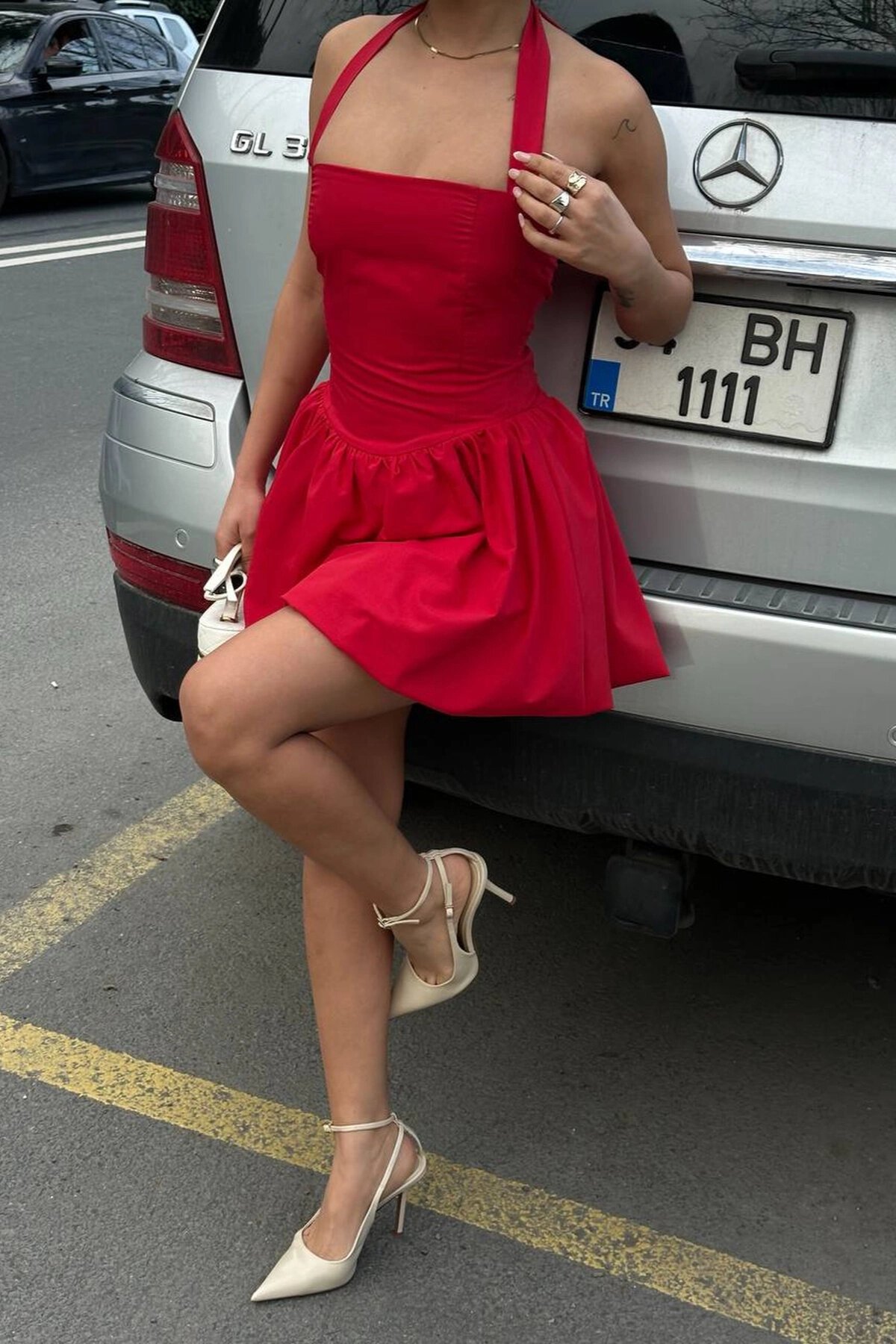 Mini Halter Square Neck Balloon Lined Dress - Red - VİSKALİ