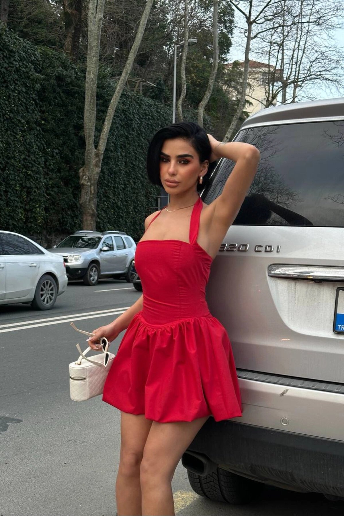 Mini Halter Square Neck Balloon Lined Dress - Red - VİSKALİ