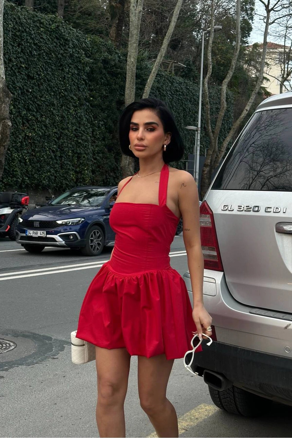 Mini Halter Square Neck Balloon Lined Dress - Red - VİSKALİ