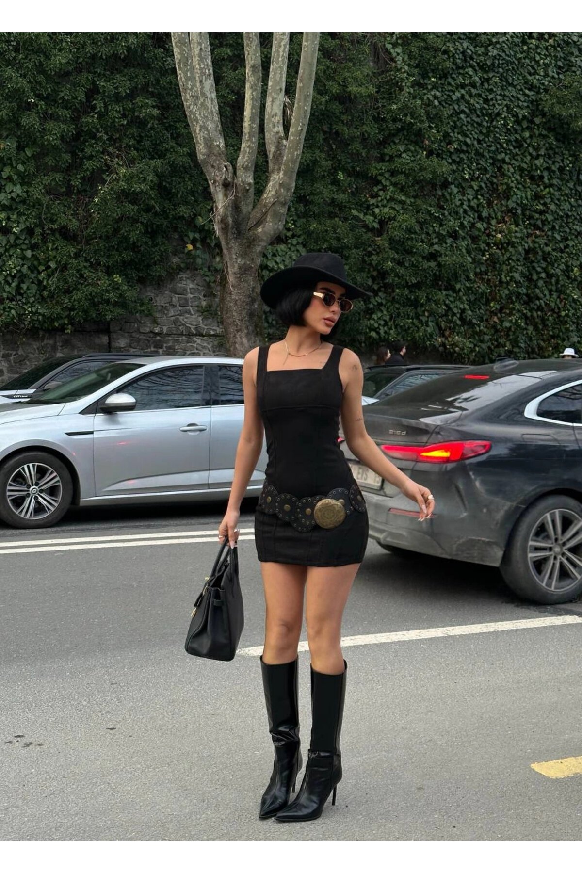 Mini Suede Square Neck Strapped Dress - Black - VİSKALİ