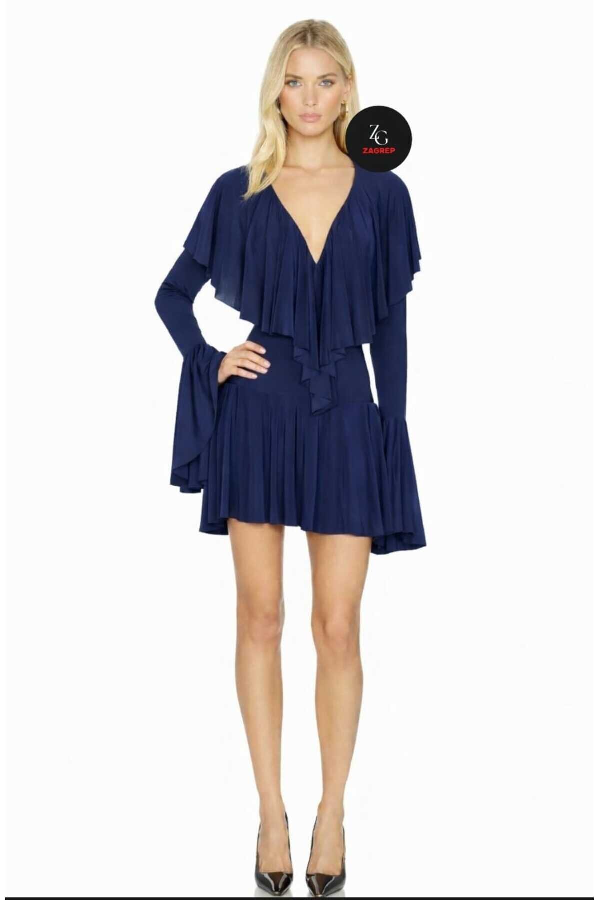 Mini Ruffle-Detail Evening Dress - Navy Blue - Zagrep