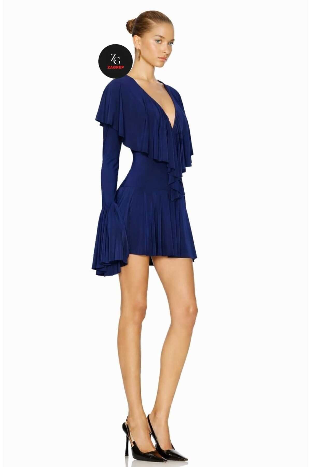 Mini Ruffle-Detail Evening Dress - Navy Blue - Zagrep