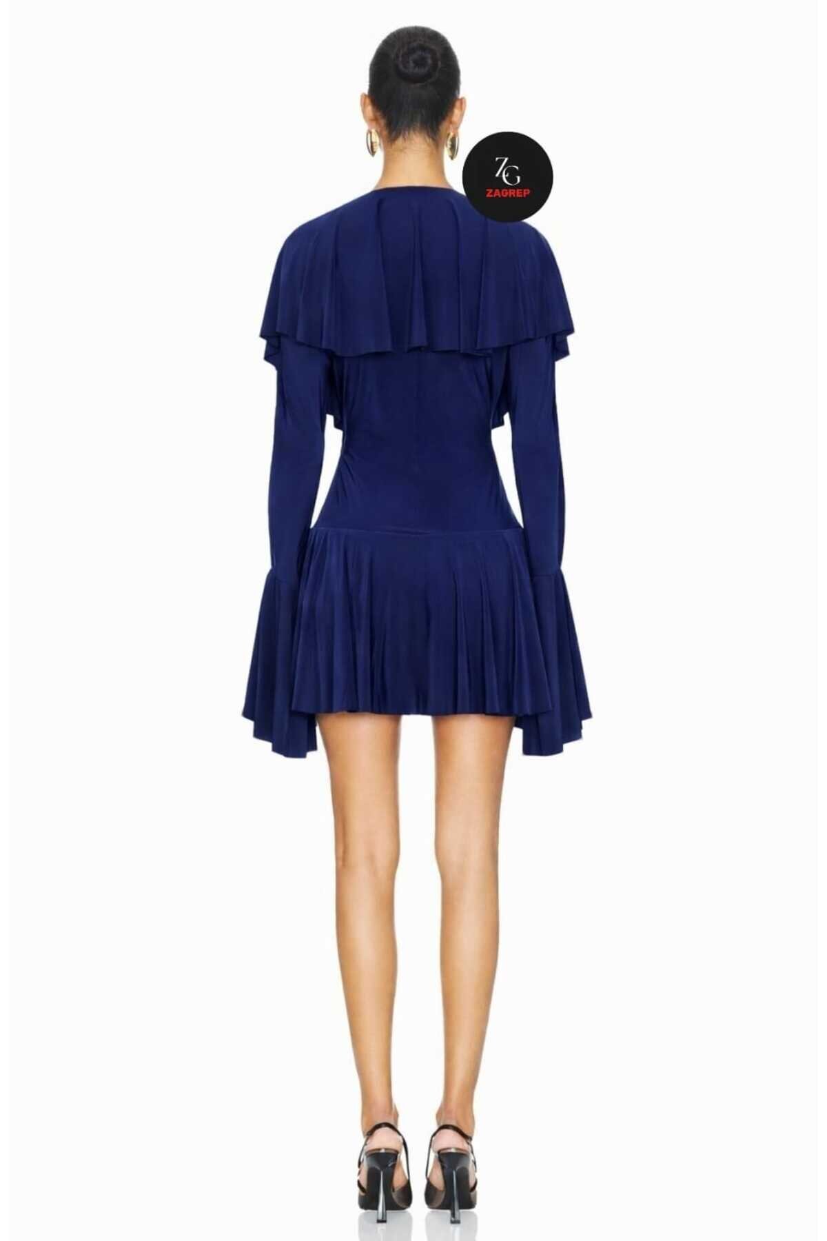 Mini Ruffle-Detail Evening Dress - Navy Blue - Zagrep