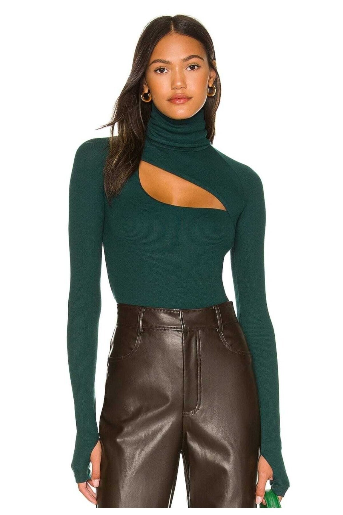 Turtleneck Silk Jersey Thumbhole Bodysuit - Emerald Green - Zagrep