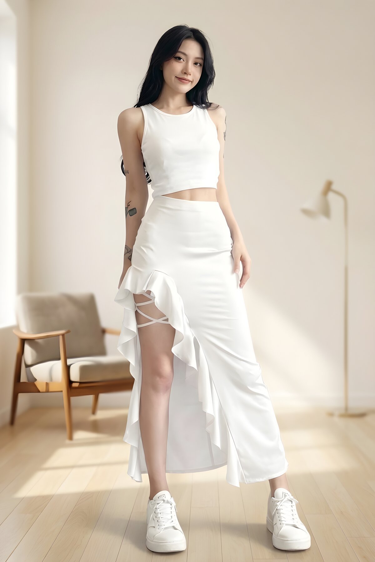 Beyaz Etnik Maksi Balık Yırtmaçlı Etek - Charango