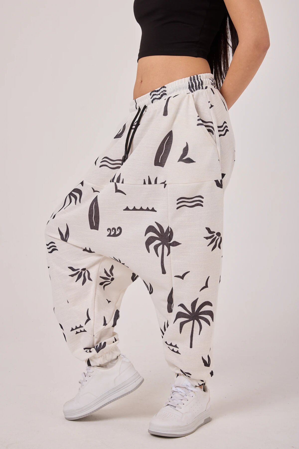 Sporty Printed Harem Pants - White - MEXICO SUPERBLUE