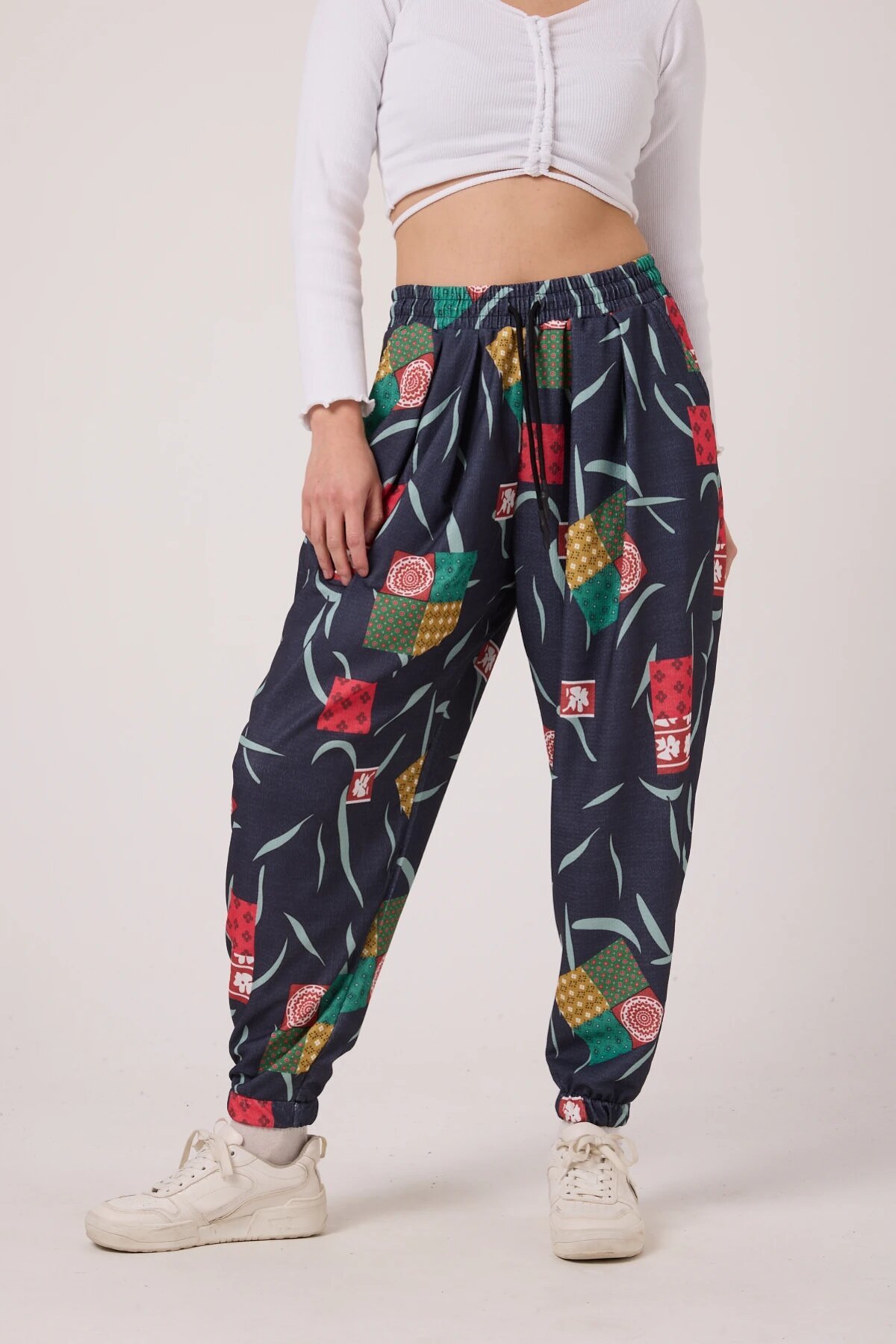 Harem Printed Crinkle Pants - Navy Blue - MEXICO SUPERBLUE