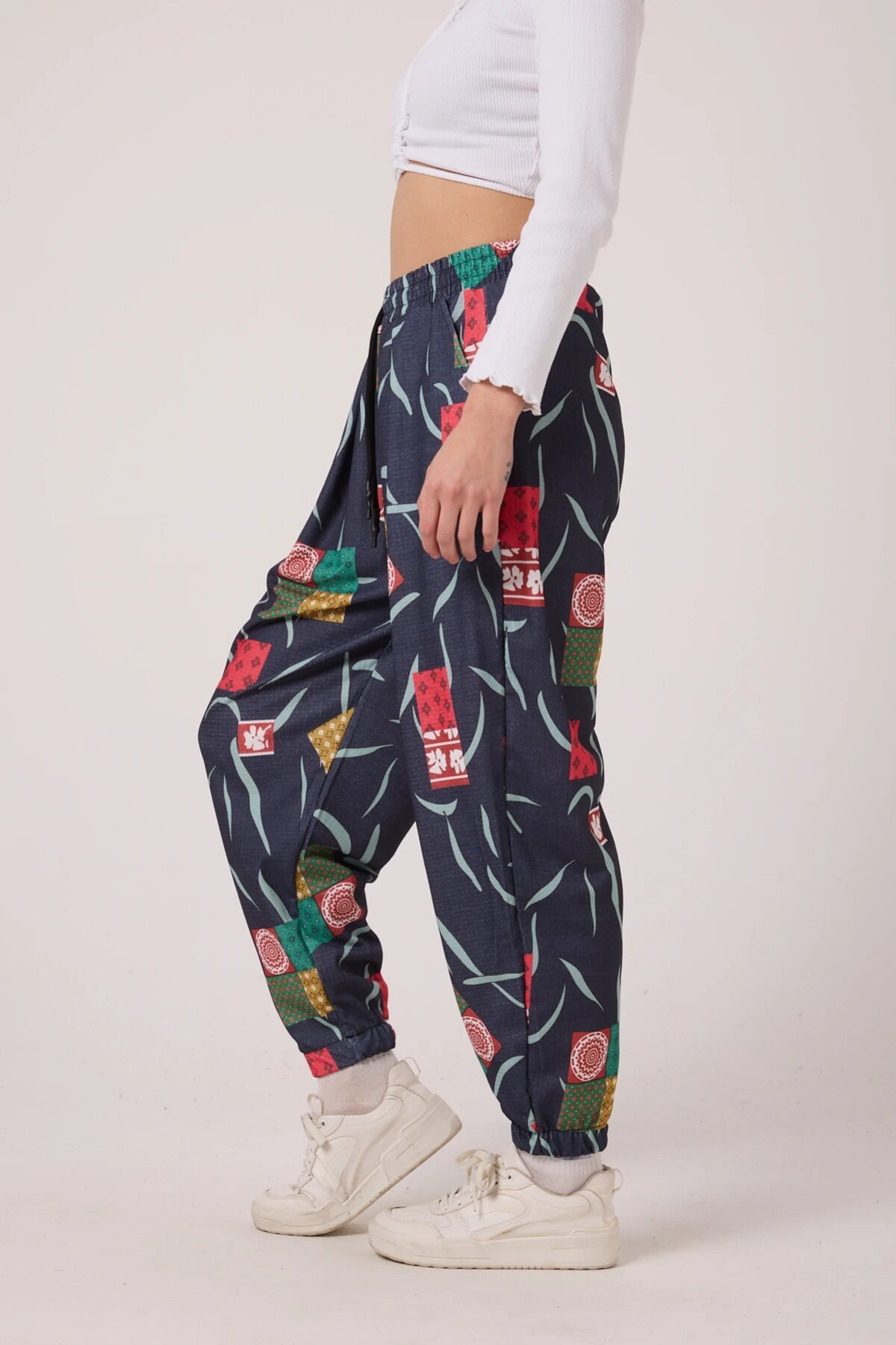 Harem Printed Crinkle Pants - Navy Blue - MEXICO SUPERBLUE