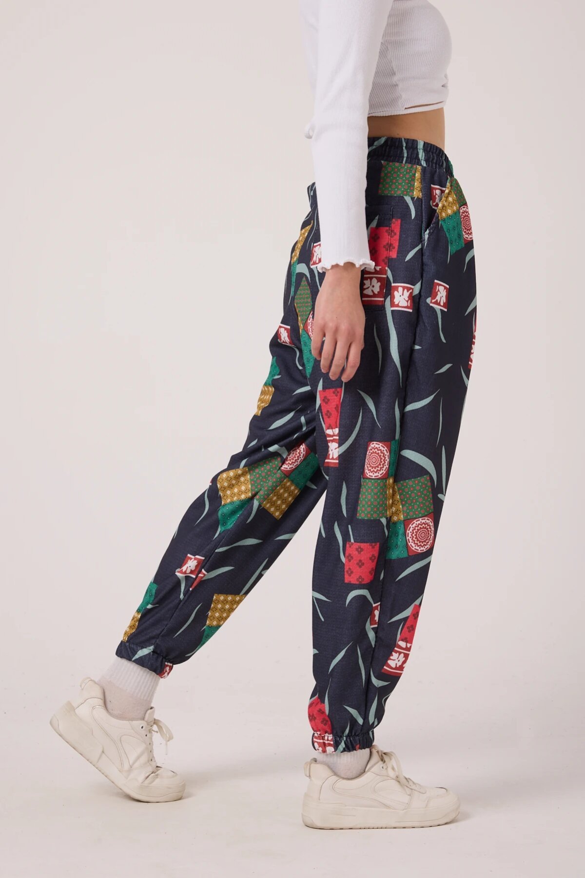 Harem Printed Crinkle Pants - Navy Blue - MEXICO SUPERBLUE