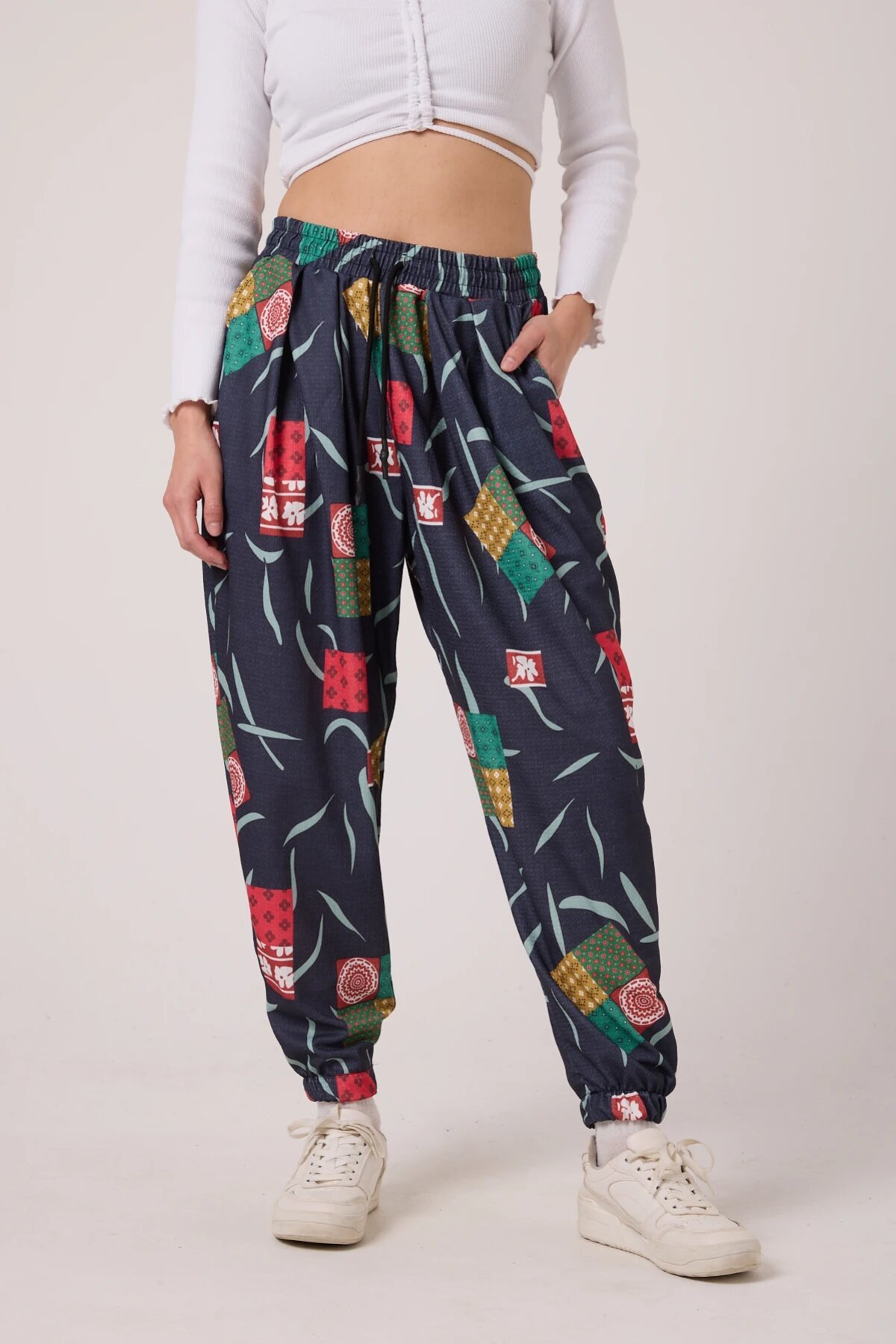 Harem Printed Crinkle Pants - Navy Blue - MEXICO SUPERBLUE