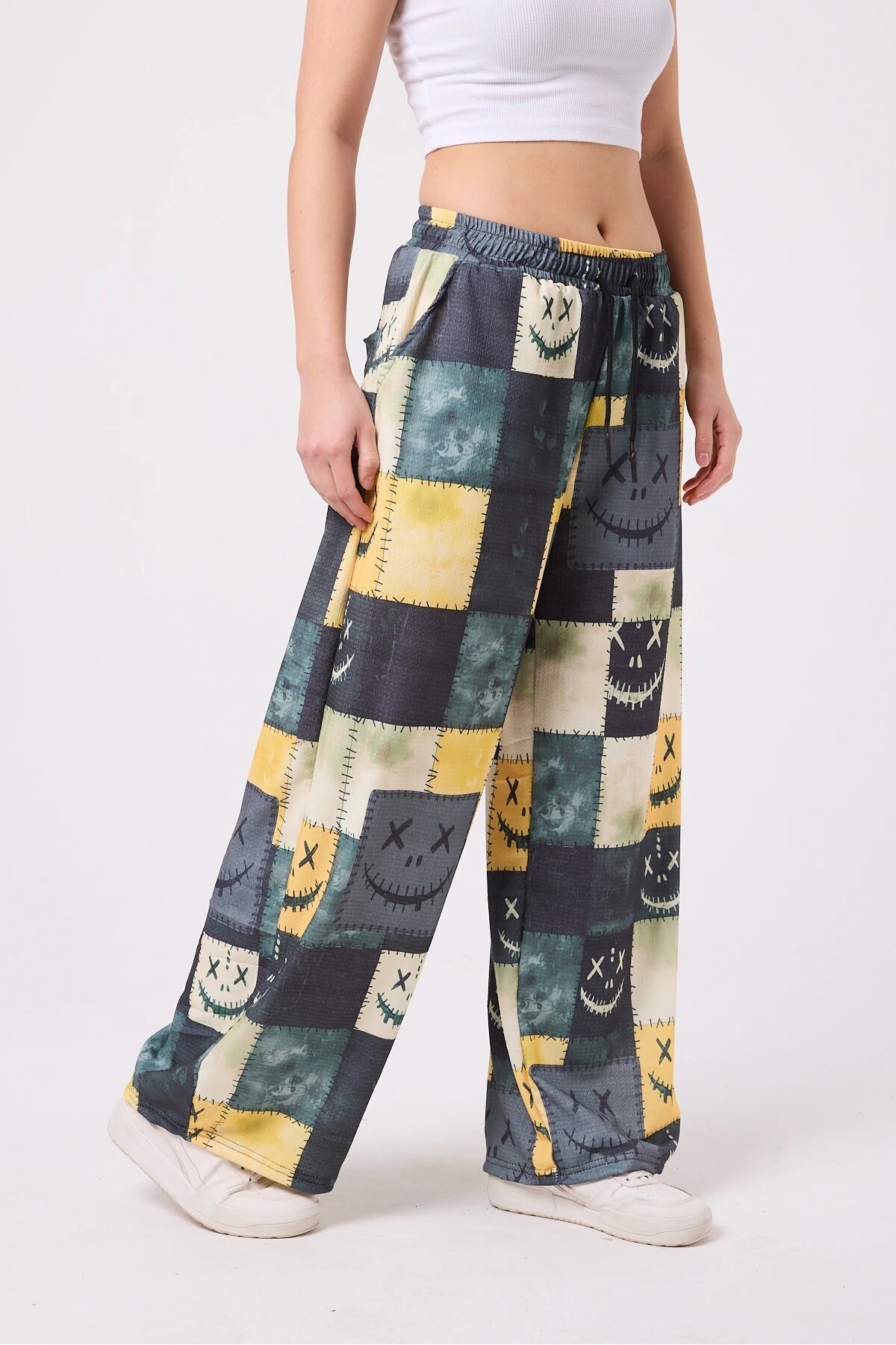 Baggy Sporty Printed Crinkle Pants - Yellow - MEXICO SUPERBLUE