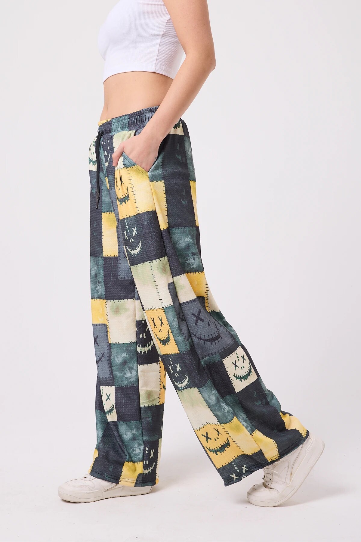 Baggy Sporty Printed Crinkle Pants - Yellow - MEXICO SUPERBLUE
