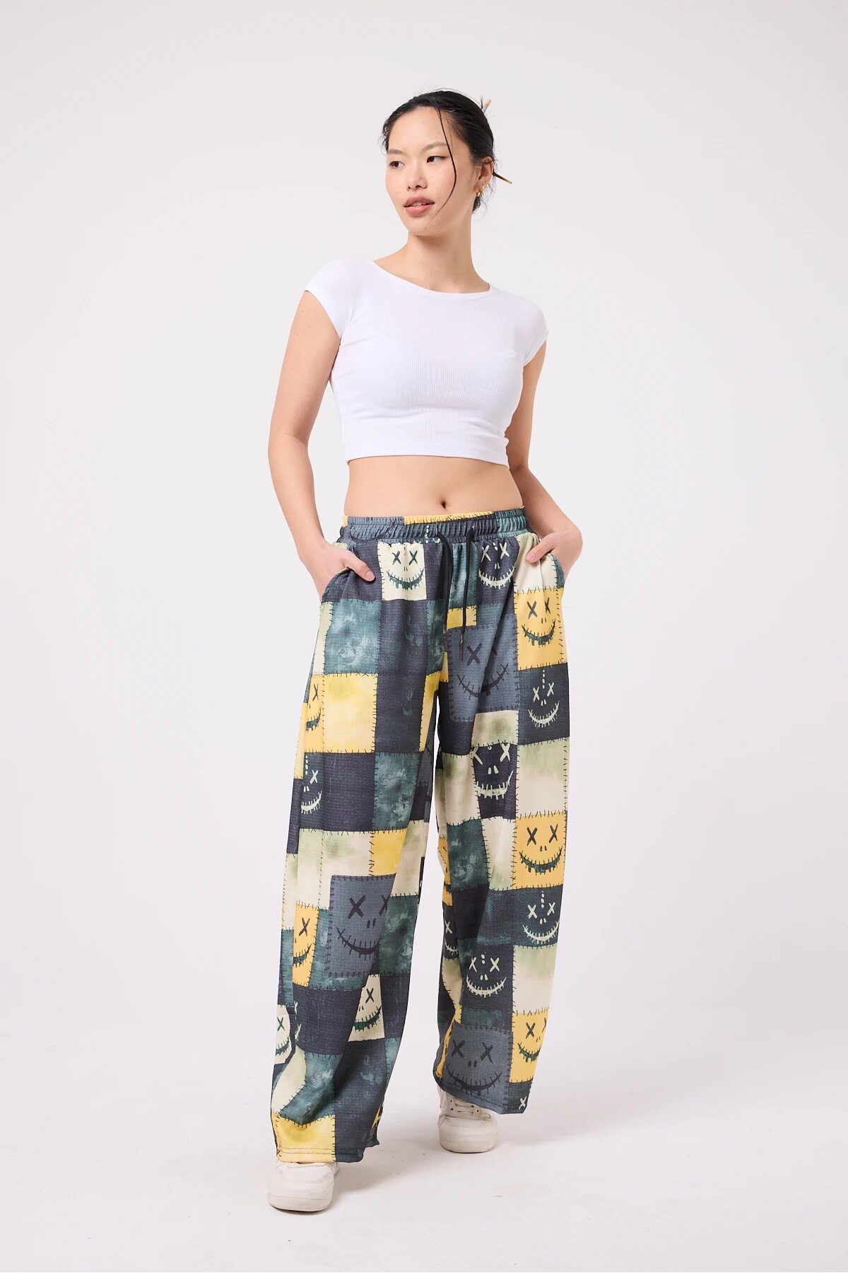 Baggy Sporty Printed Crinkle Pants - Yellow - MEXICO SUPERBLUE